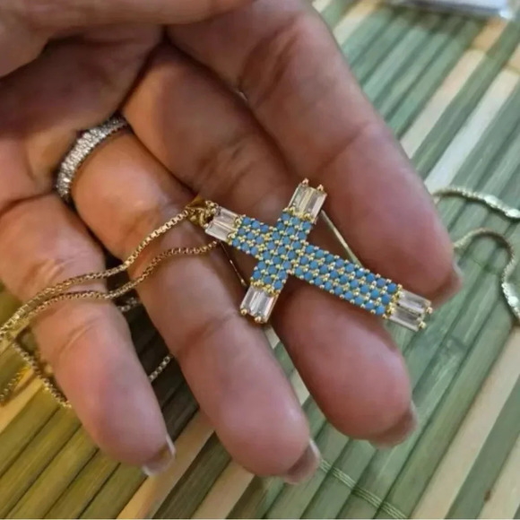 Maria Turquoise Cross Crystal Gold Necklace - Picture 3 of 3